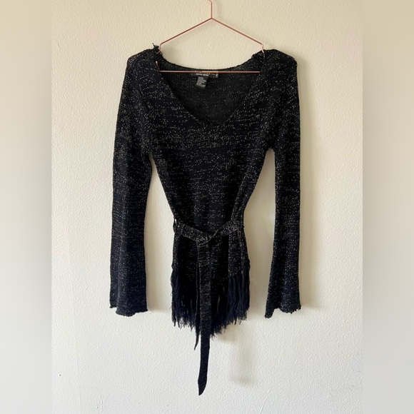 Rampage black sparkly long sleeve belted sheer knit top with fringe M - Picture 9 of 11
